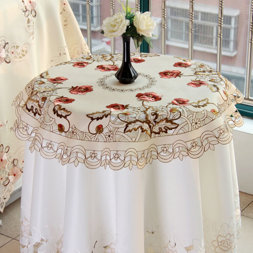 yazi Peony Flower Embroidered Fabric Round Tablecloth 33 Inches Valentine's Day Gift