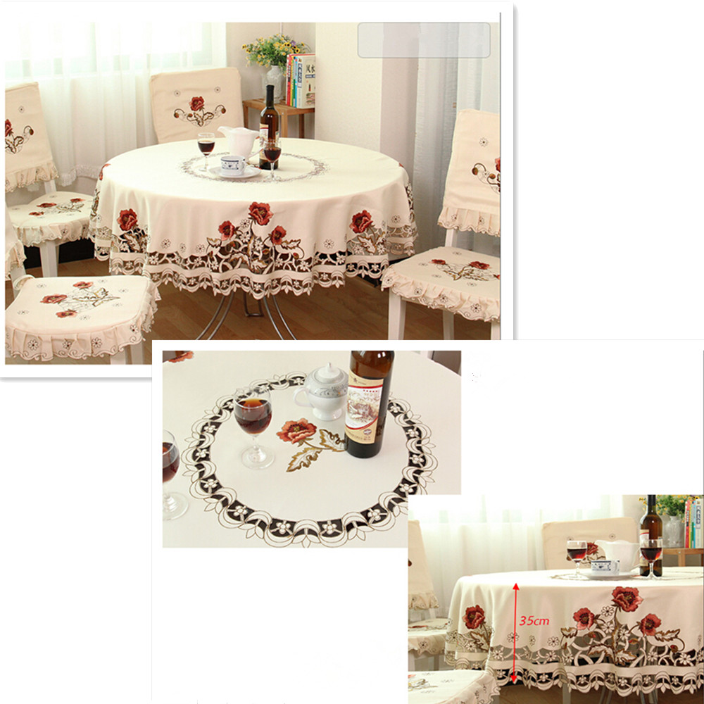 yazi Holiday Peony Flower Embroidered Fabric Cutwork Round Tablecloth,69 Inches - Image 2