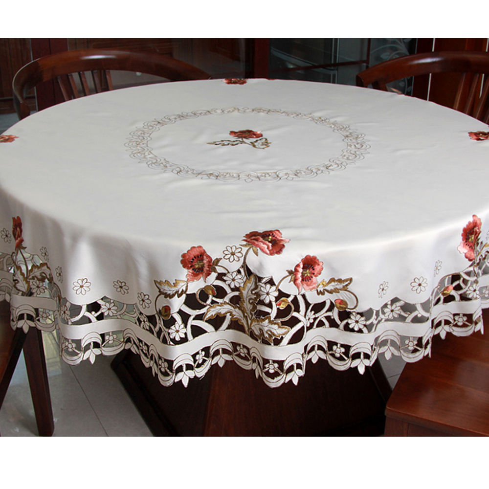 yazi Holiday Peony Flower Embroidered Fabric Cutwork Round Tablecloth,69 Inches - Image 3