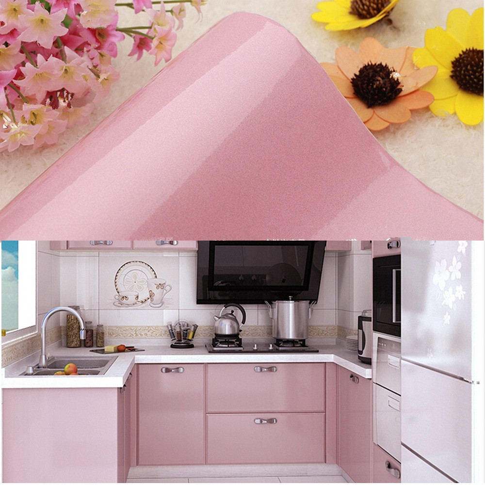 yazi Gloss Self Adhesive Vinyl Kitchen Cupboard Door Cover Drawer Wardrobe Contact Paper,24x98 Inch,Pink - Image 2