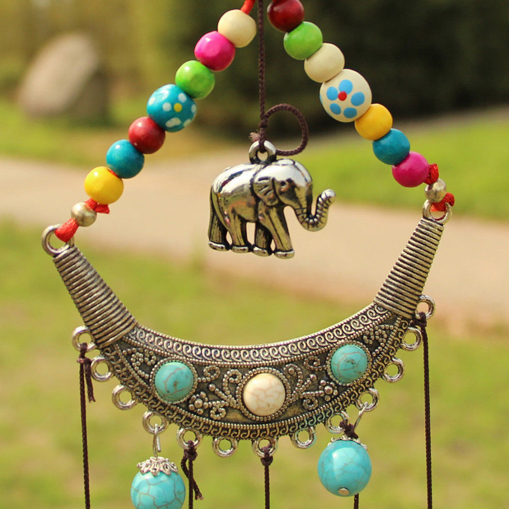 yazi Exotic Outdoor Wind Chimes Elephant Copper 6 Bells Chinese Knot Turquoise Beads Wind Noisemaker - Image 2
