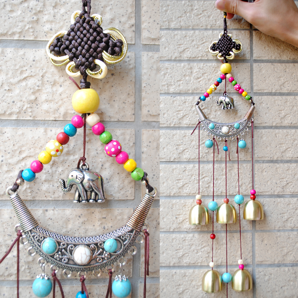 yazi Exotic Outdoor Wind Chimes Elephant Copper 6 Bells Chinese Knot Turquoise Beads Wind Noisemaker - Image 4