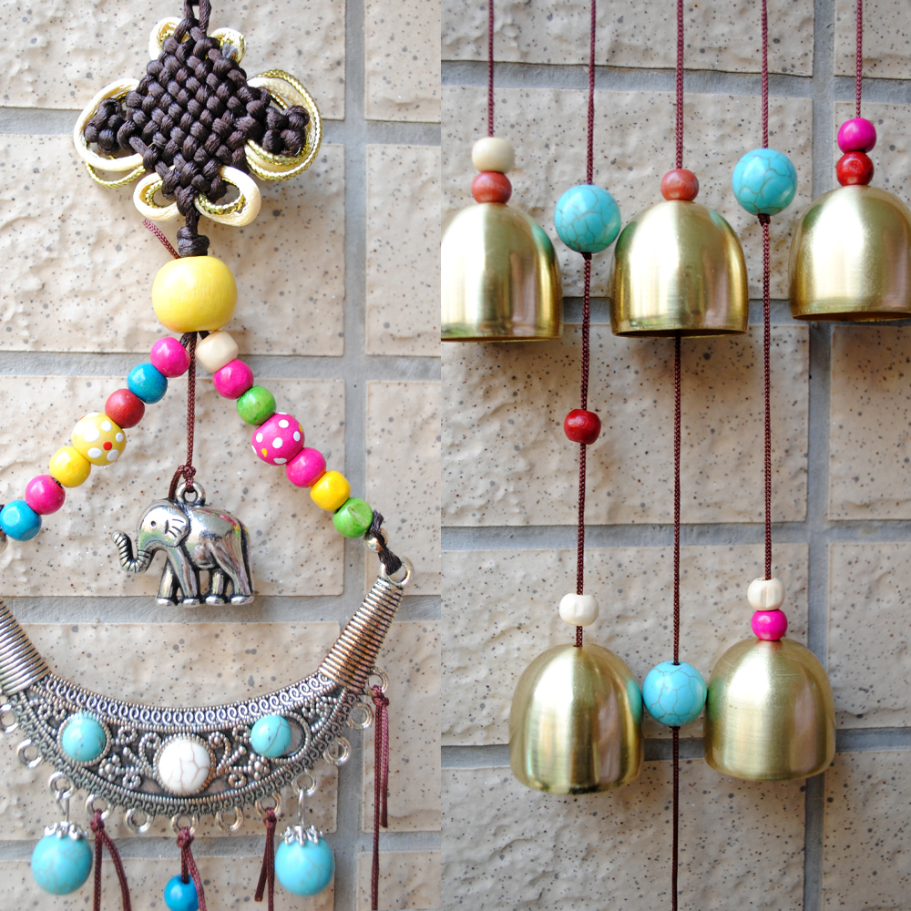 yazi Exotic Outdoor Wind Chimes Elephant Copper 6 Bells Chinese Knot Turquoise Beads Wind Noisemaker - Image 5