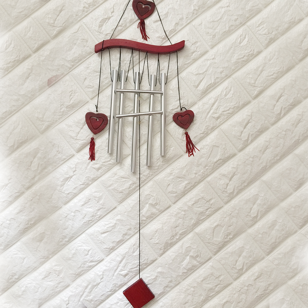 yazi Windbell Wind Chime Collection Red Wood 5 Metallic Tubes Heart Gift - Image 2
