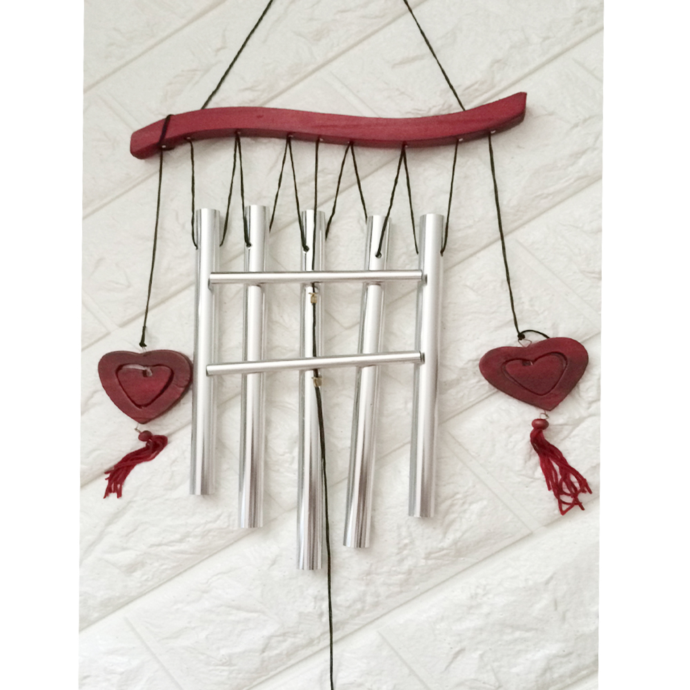 yazi Windbell Wind Chime Collection Red Wood 5 Metallic Tubes Heart Gift - Image 3