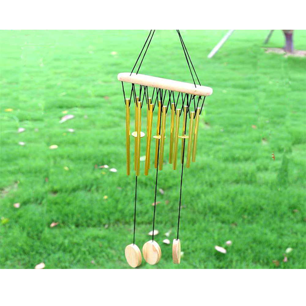 yazi Wood Stock Windchime 14 Aluminium Tube Gold Indoor Outdoor Decorative - Image 2