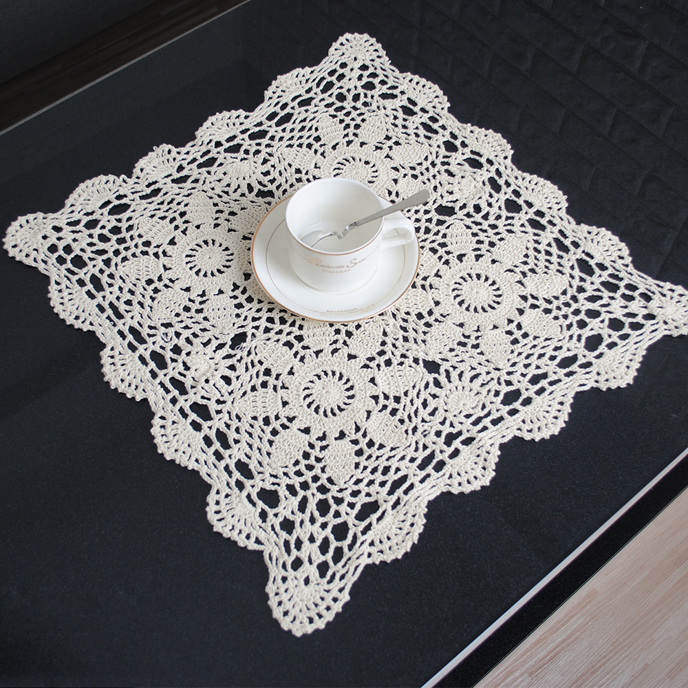 yazi Tablecloths Crochet Square Table Cover Lace Table Covering Doilies for Furniture Décor Beige Color 15.7inch - Image 4