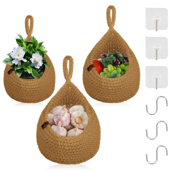 Boho Hanging Fruit Baskets for Kitchen, Hanging Baskets for Organizing,Hanging Wall Baskets Storage Bin Woven Baskets for Potato, Onion Garlic Wall Mount Teardrop Bohemian Handwoven Decor Set of 3 with Hooks